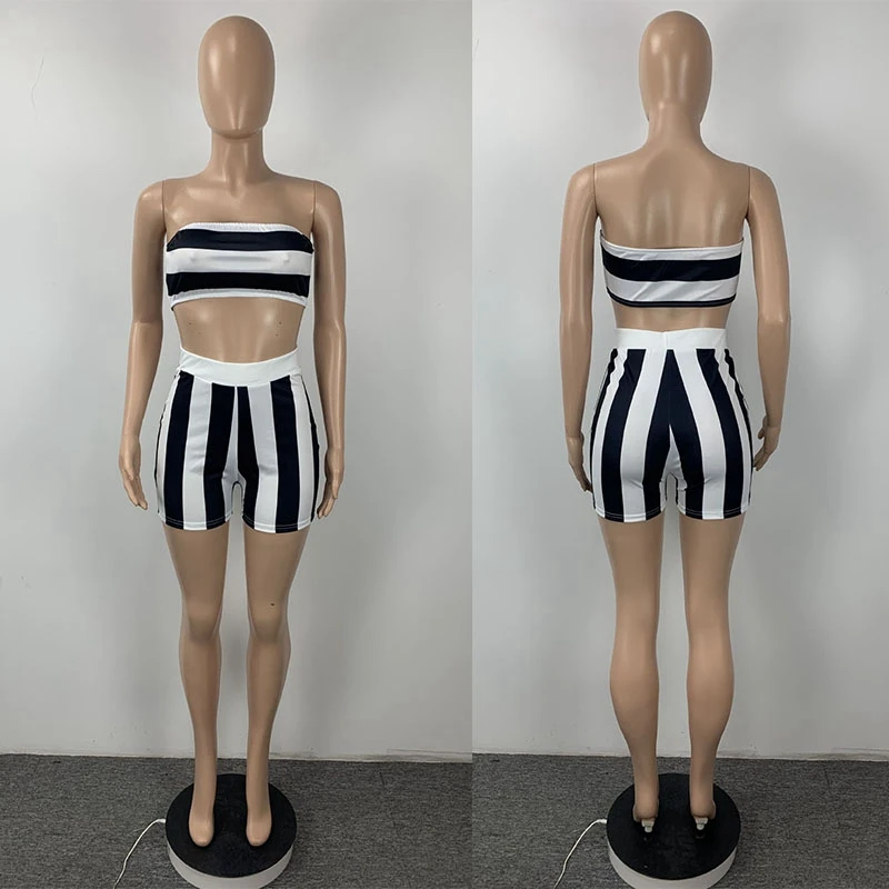 Striped Sexy 2 Piece Short Sets Womens Outfits Party Club Crop Top and Biker Shorts Set Co Ord Tracksuit Two Piece Summer Sets