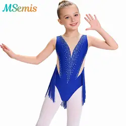 Girls Children Ballet Jersey Dance Leotards Kids Gymnastics Sheer Mesh Bodysuit for Figure Skating Sparkly Rhinestone Dancewear