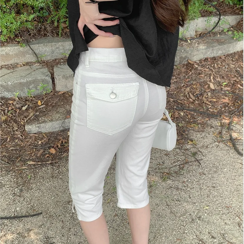 Cool White Elastic Khaki Pants 7-Length Split Black Summer Casual Straight Leg Jeans Natural Waist Cotton Stretch Denim