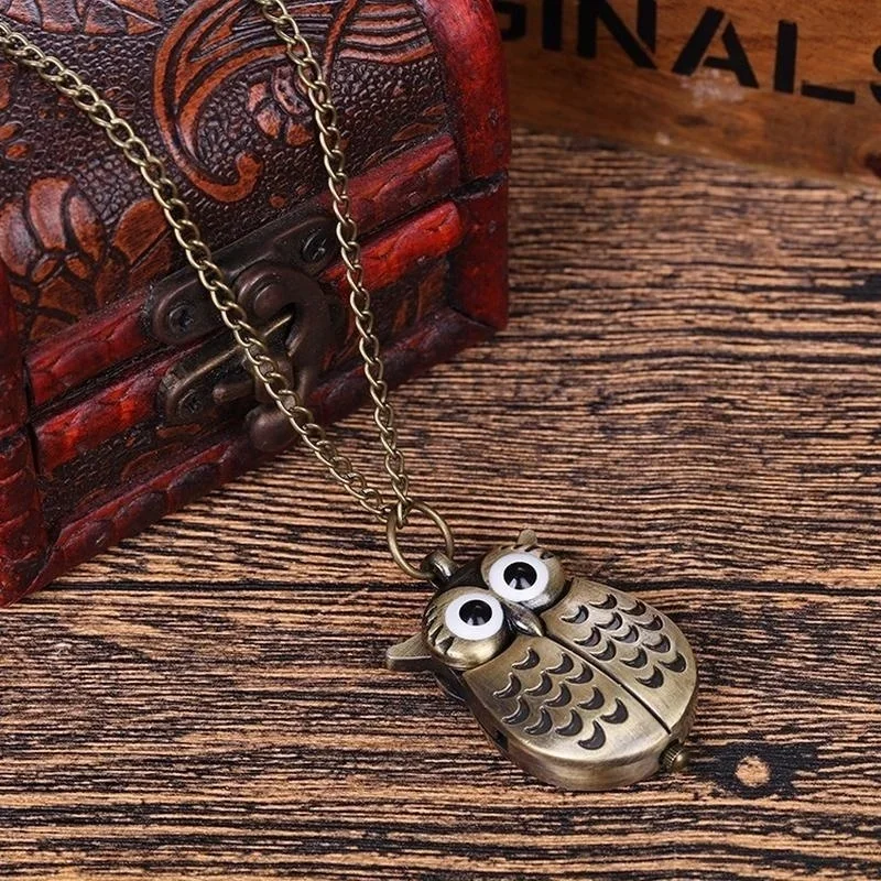 1PC Vintage Creative Owl Pocket Watch Flip Quartz Pocket Watch