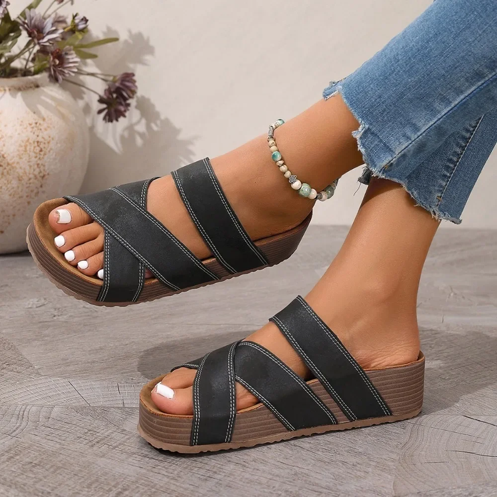 Women Vintage Distressed Platform Slide Sandals Crisscross Double Strap Open Toe Slip on Slippers Ladies Summer Casual Beach