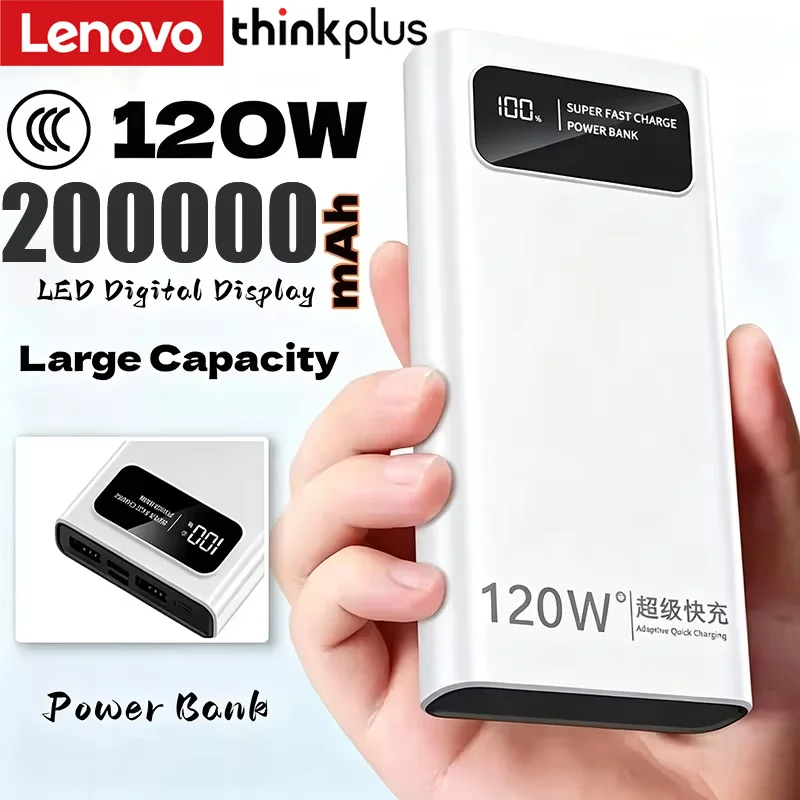Lenovo ThinkPlus 200000mAh Large Capacity Powerbank 120w Super Fast Charging Led Digital Display Portable External Battery New