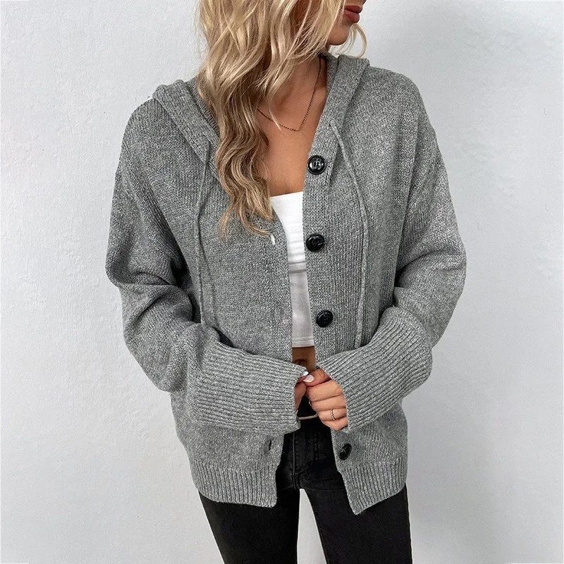 Women's Knitted Cardigan Pure Color Hooded Drawstring Single Button Autumn Winter New Style Loose Fit Girl's Fashion