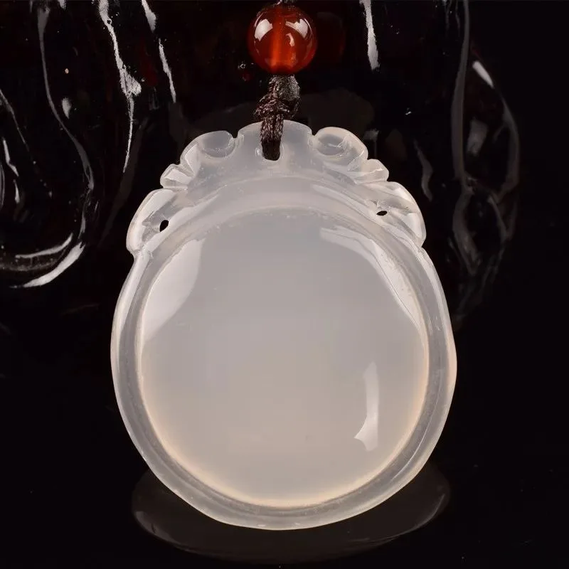 

Natural Ice Agate White Chalcedony Heart Protector Pendant