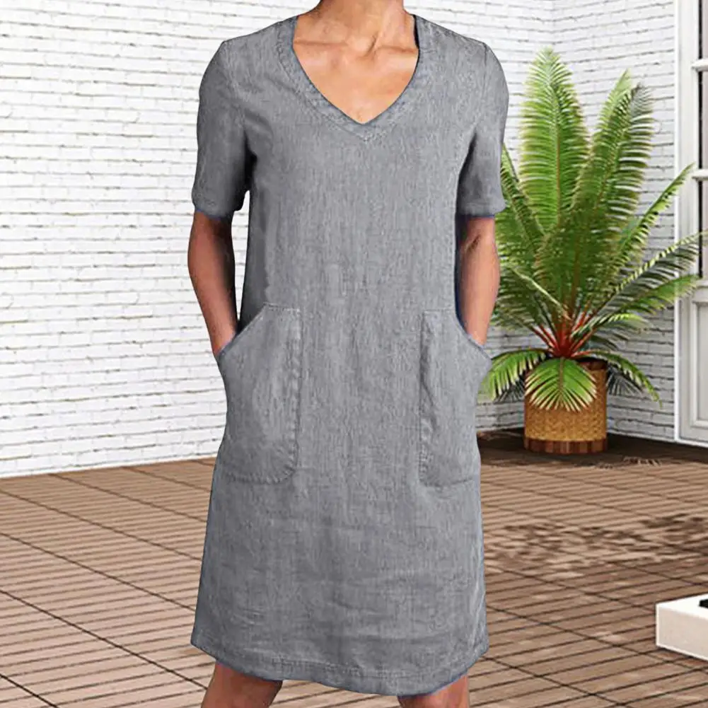 فستان نسائي من القطن والكتان فستان صيفي بياقة على شكل V وأكمام قصيرة فستان متوسط الطول كاجوال مع جيوب ملابس يومية
