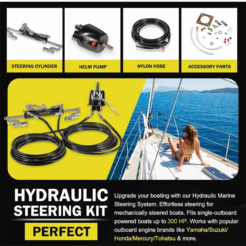 Hydraulic Steering Kit for Boats Up to 300HP – Marine Outboard Steering System with Helm Pump,13” Anti-Slip Steering Wheel