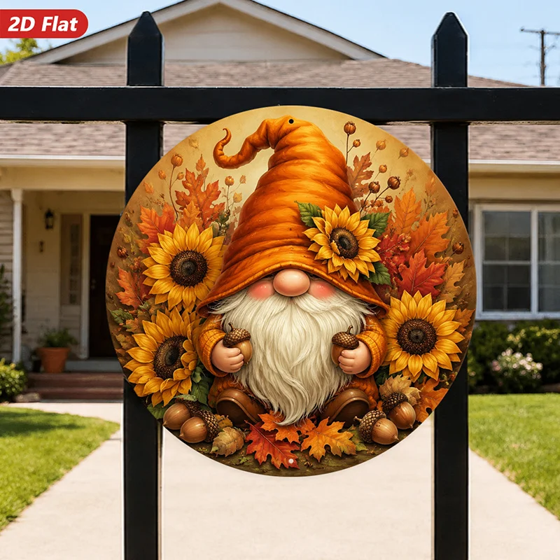 2D Flat, 1pc Autumn Gnome Harvest Round Metal Sign Wall Art, Suitable for Study Entryway Studio, Bearded Gnome, Curled Pumpkin H