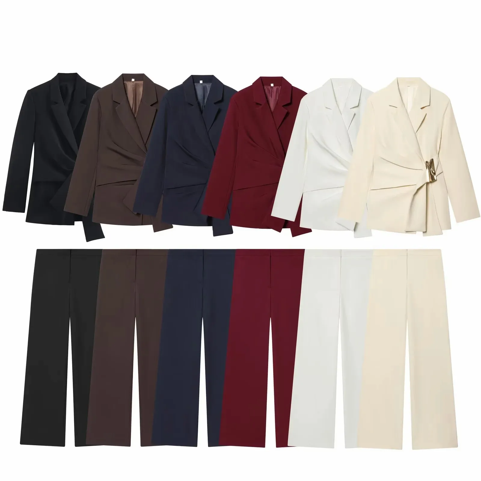 Vrouwen pak broek tweedelige set gesp decoratie lange mouw blazer jas + rechte pijpen broek 2-delige sets chique vrouw outfits - afbeelding 2