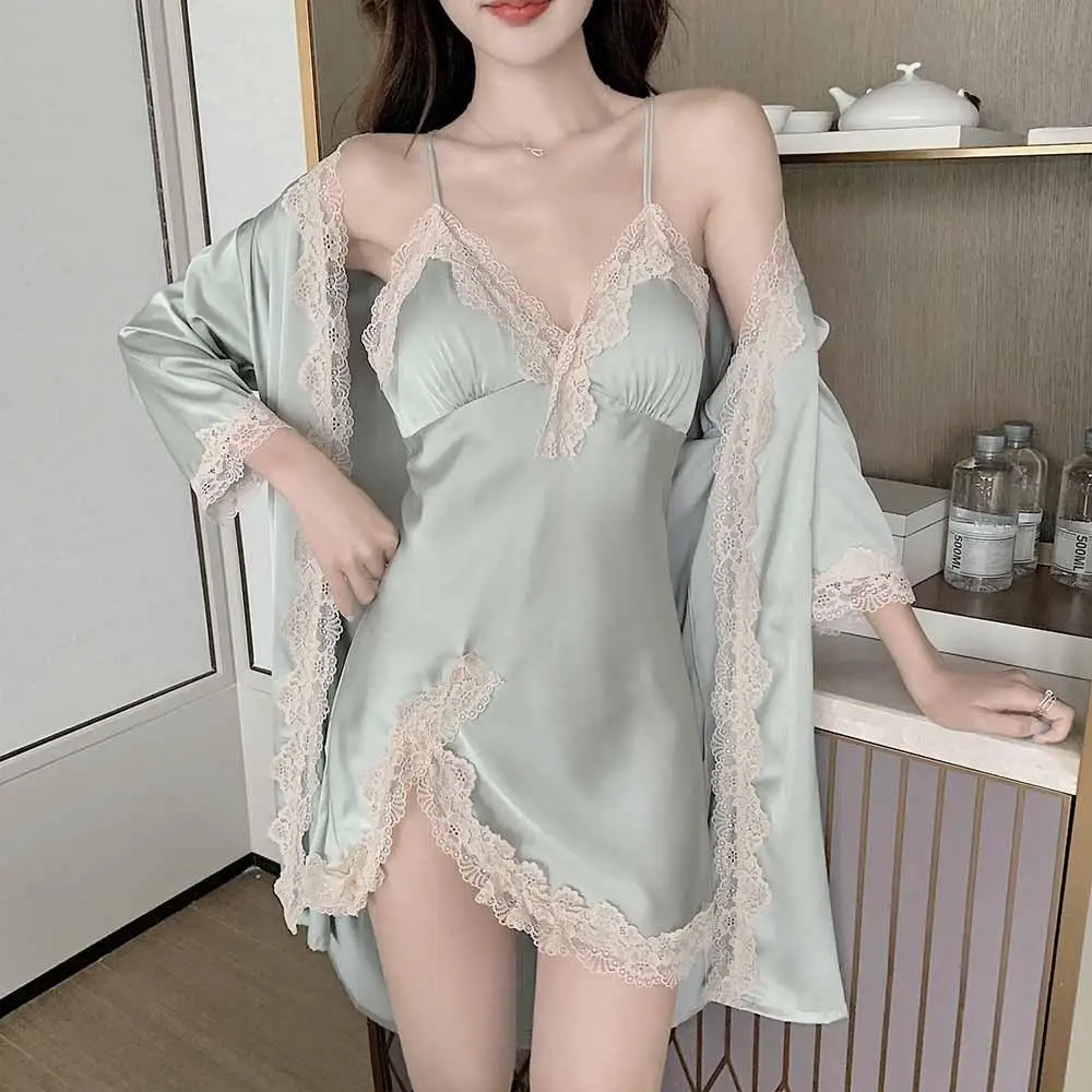 Women Twinset Robe Gown Set Sexy Lace Nightgown Kimono Bathrobe Nightdress Casual Satin Sleepwear Home Wear Clothing