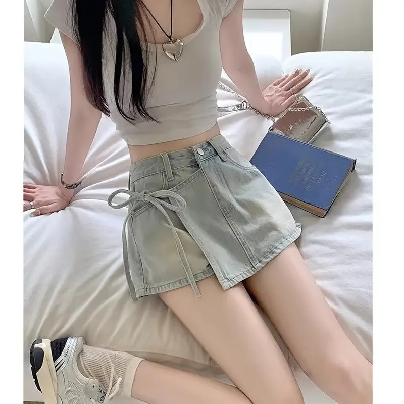 High Waist A-Line Denim Shorts Women's Summer Fashionable Tie Waist Skirt Pants Versatile Trendy Cotton Casual Zipper Style