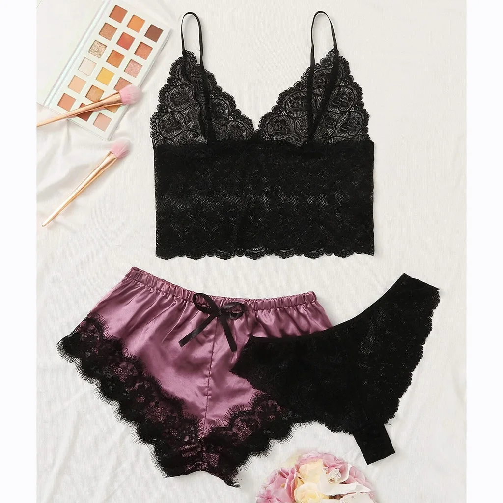 European and American popular sexy lace suspenders and lace shorts lace panties sexy home pajamas three-piece set
