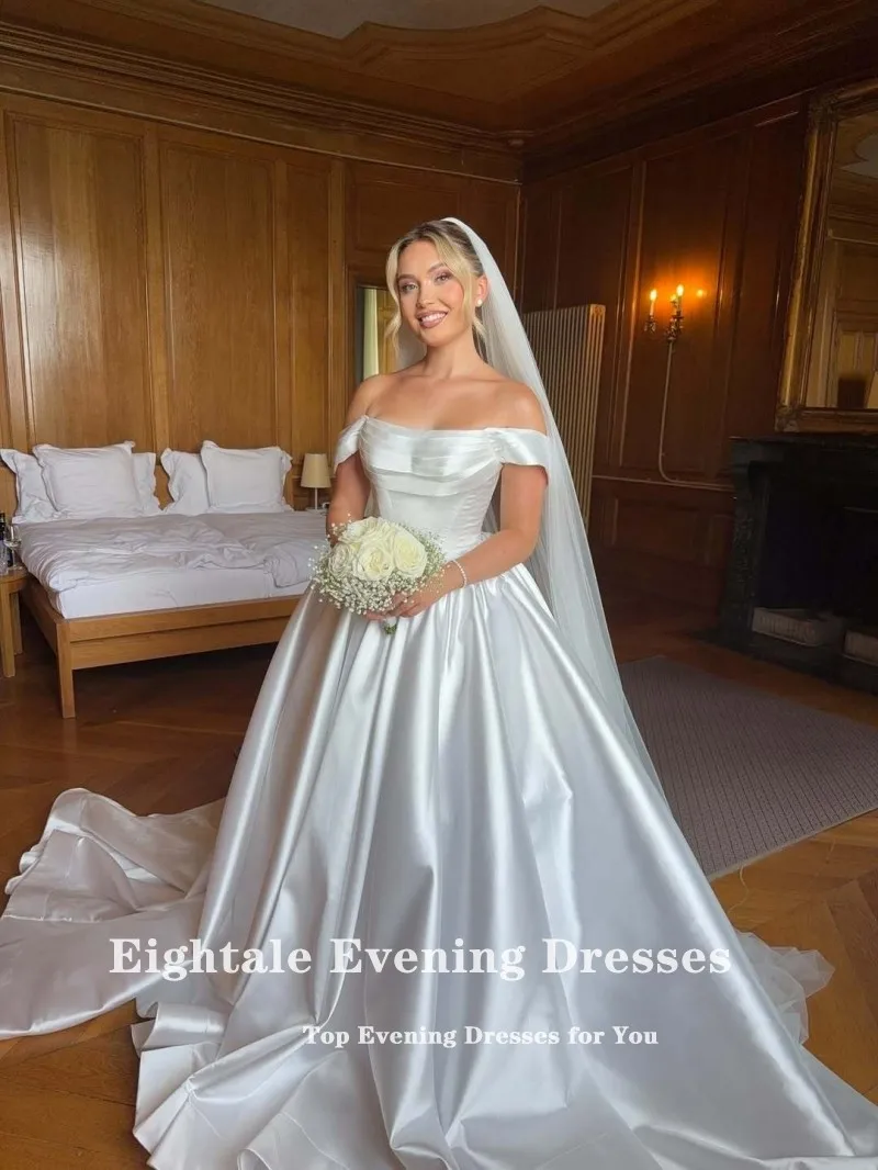 Eightale アラビアウェディングドレス プリーツ スクープオフショルダー カスタマイズされたホワイト アイボリー イスラム教徒のブライダルドレス Aライン 花嫁パーティードレス