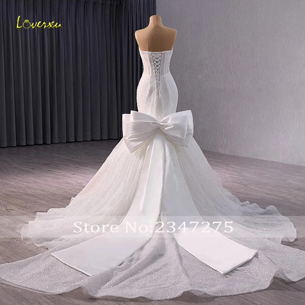 Loverxu Mermaid Elegant Wedding Dresses Strapless Chic Vestido De Novia Lace Embroidery Luxury Big Bow Custom Made Bridal Gown