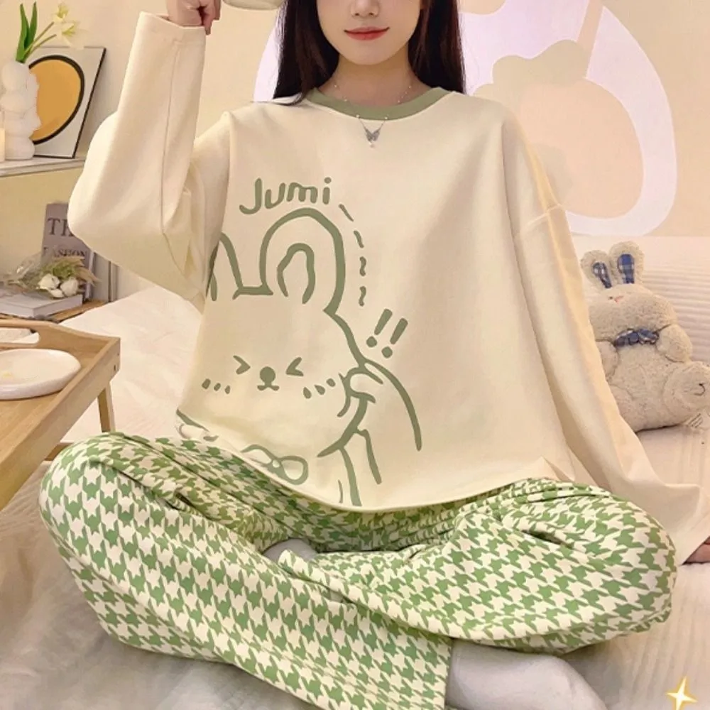 Long-Sleeved Women's Two-Piece Pajamas Large Size Cotton Material Pajama Suit Soft Fabric Loose Fit Homewear Suit Maternity Use
