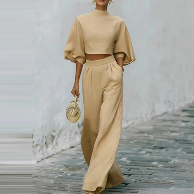 

Summer Women High Waist Commute Outfit Fashion Crew Collar Half Sleeve Pullovers And Pants Set Pure Color Loose Pocket Pants Set