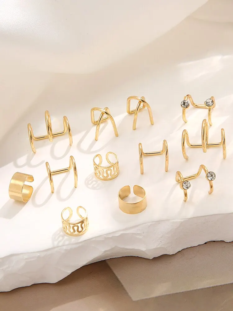 12 Pieces Vintage Gold Silver Color Ear Clip Earrings Set Crystal NonPiercing Ear Cuff Hollow Women Trendy Jewelry Wholesale