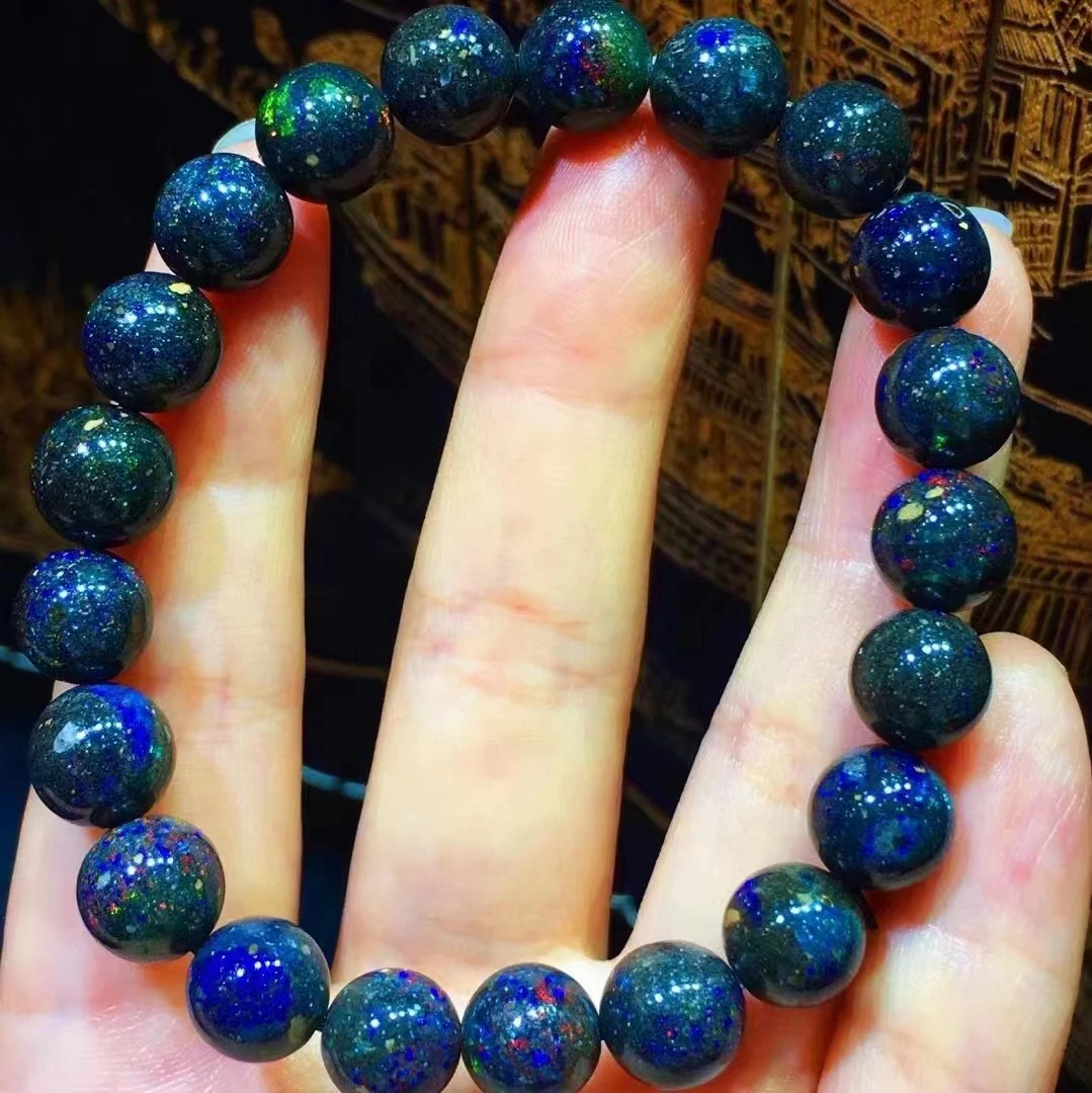 

Natural Black Opal Round Beads Bracelet 8mm Blue Opal Gemstone Flash Light Stretch Women Men Jewelry AAAAA