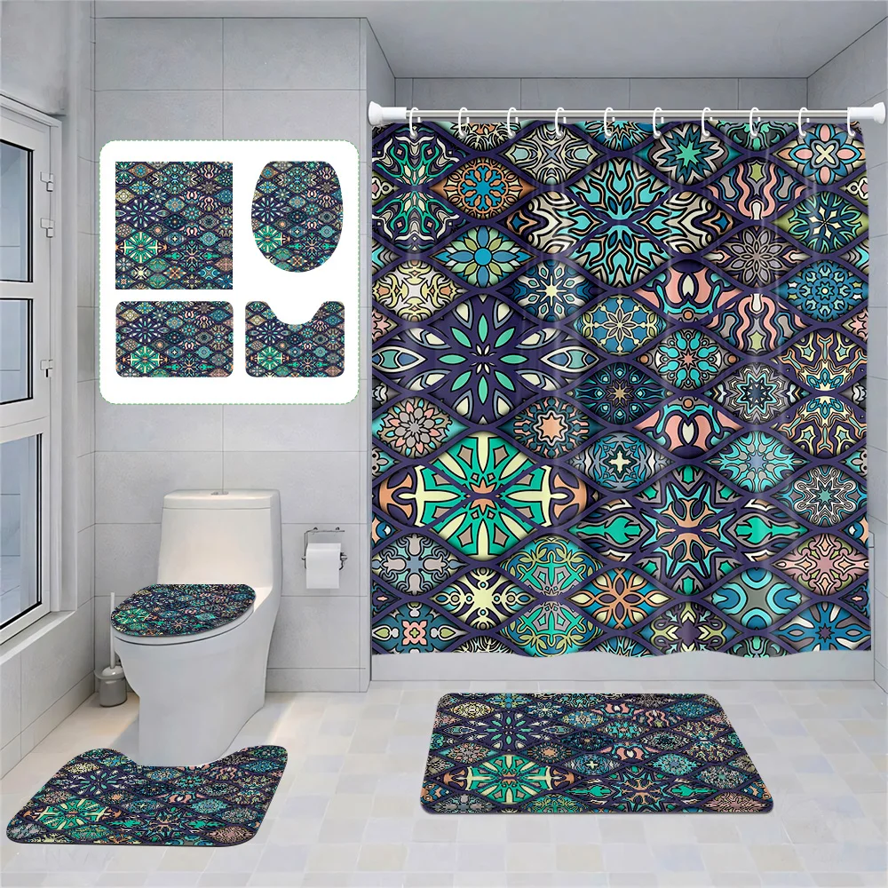 Bohemian 4-Piece Bathroom Set: Shower Curtain, Toilet Cover & Rugs, Vivid Geometric & Floral Patterns, Exotic Stylish Makeover