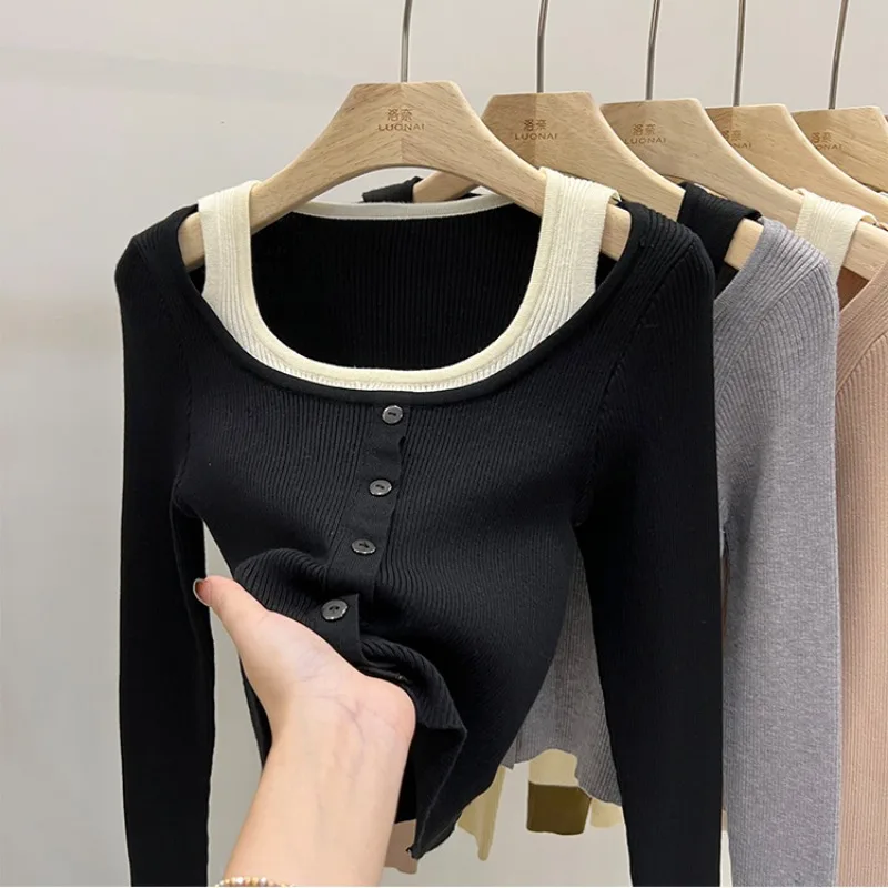 Women's Autumn Winter Fashion Solid Color Square Neck Patchwork Versatile Long Sleeved Slim Fit Fake Two-piece Knitted Shirt Top