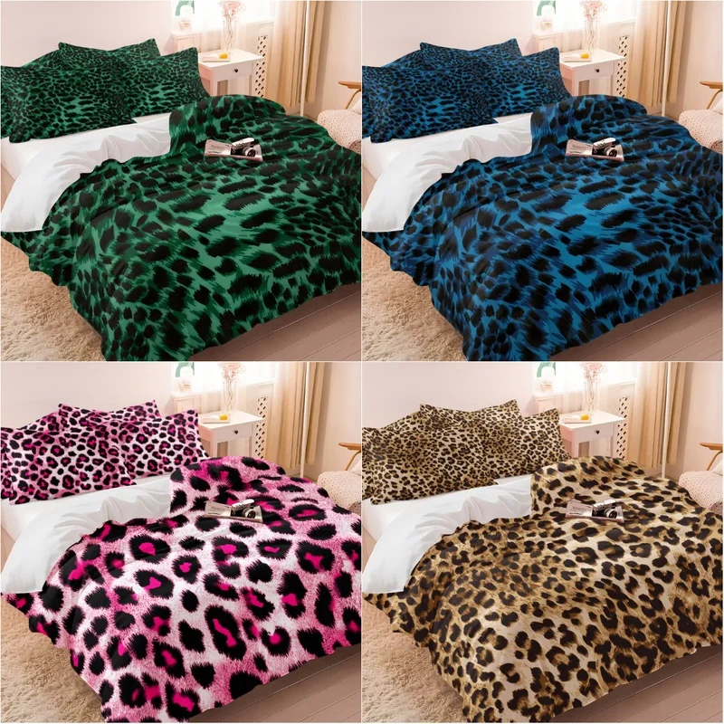 Leopard Print Duvet Cover Set(1 Duvet Cover & 1/2 Pillowcase) Aesthetic Bedding Set Soft Microfiber Bed Decor for Bedroom