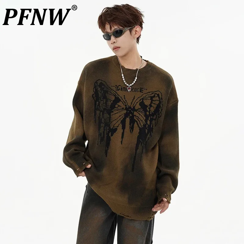 

PFNW Niche Design Worn-out Dirty Sweater Male Lazy Style Hole Spray Painted Tie Dye Knitwear 2024 Autumn New Fashion 28W4121