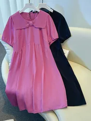 150Kg Plus Size Women's Bust 150 Summer Loose Bow Short-Sleeved Doll Collar A-Line Dress Black Rose-Red 5XL 6XL 7XL 8XL 9XL