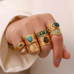 ASONSTEEL Retro Stainless Steel Green Natural Stone Rings Women Luxury Gold Plated Charm Texture Open Ring Trendy Jewelry Gift
