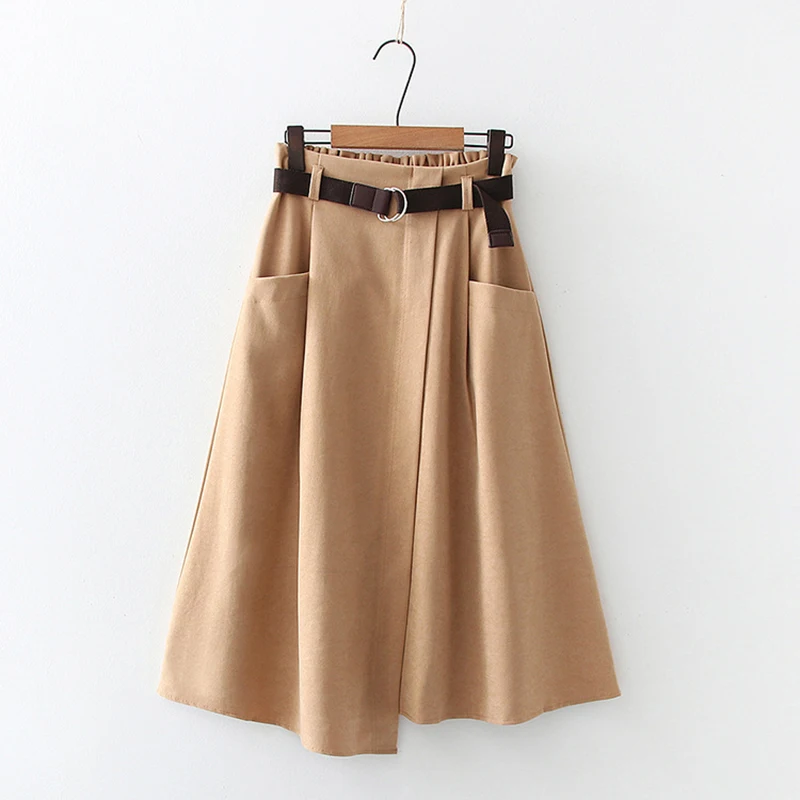 Retro solid color casual literary pocket high waist slim irregular belt belt midi skirt black one size