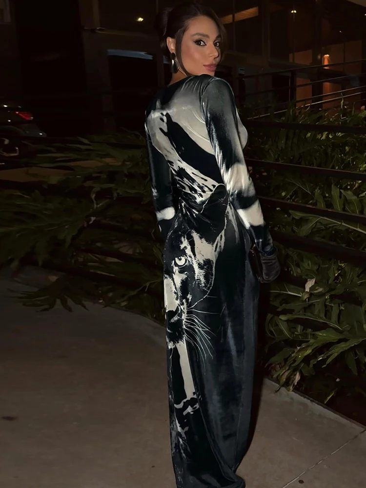 Nibber vestido de tendência de outono manga comprida feminino estampa de tigre skinny streetwear casual hipster stretch o pescoço vestidos de meia-noite