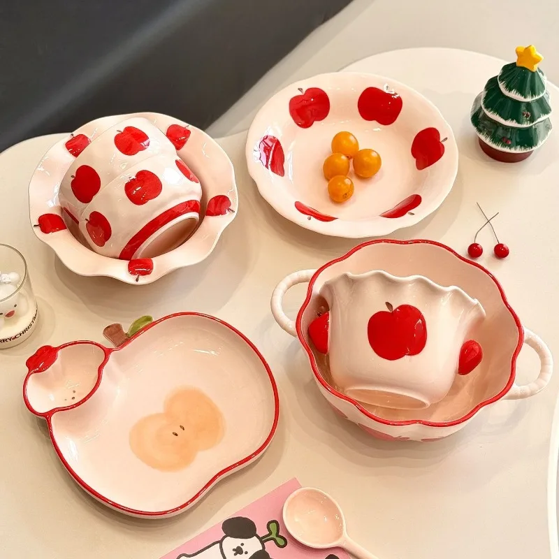 Creative Ceramic Plate Hand-painted Underglaze Apple Print Lace Salad Bowl Cute Home Fruit Salad Plate Microwaveable Tableware