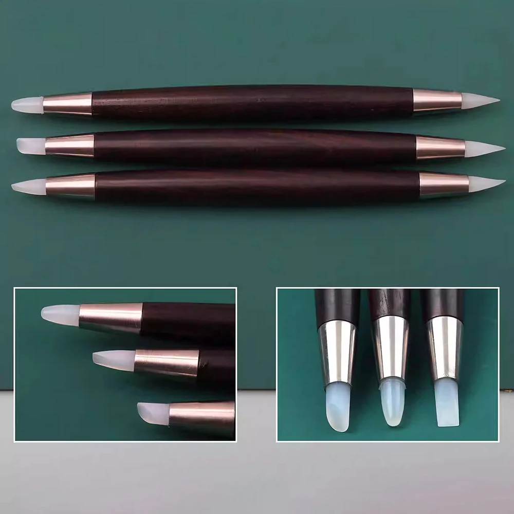 3PCS Rosewood Handle Double-Ended Silicone Tip Clay Sculpting Tools Set - Round/Hoof/Wedge Heads for Polymer Clay, Doll Model, F