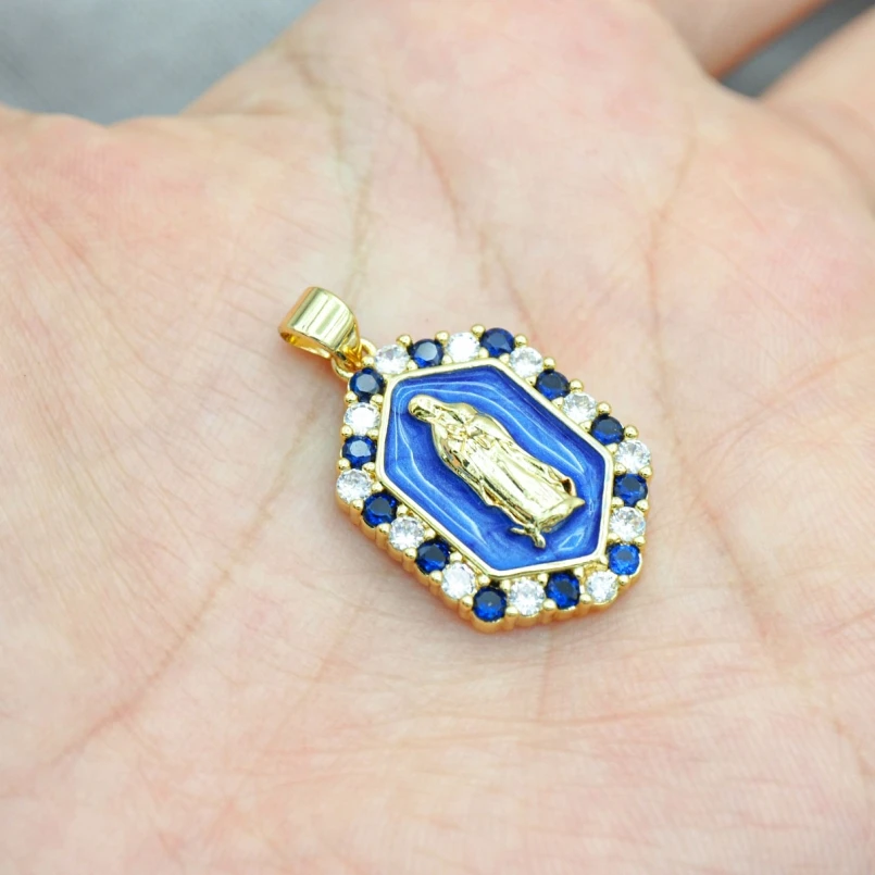 

2Pcs Copper Enamel Pendant Religious Catholic Invisible Setting Cubic Zirconia Figure Virgin Mary Crystal Pillar Hexagon Jewelry