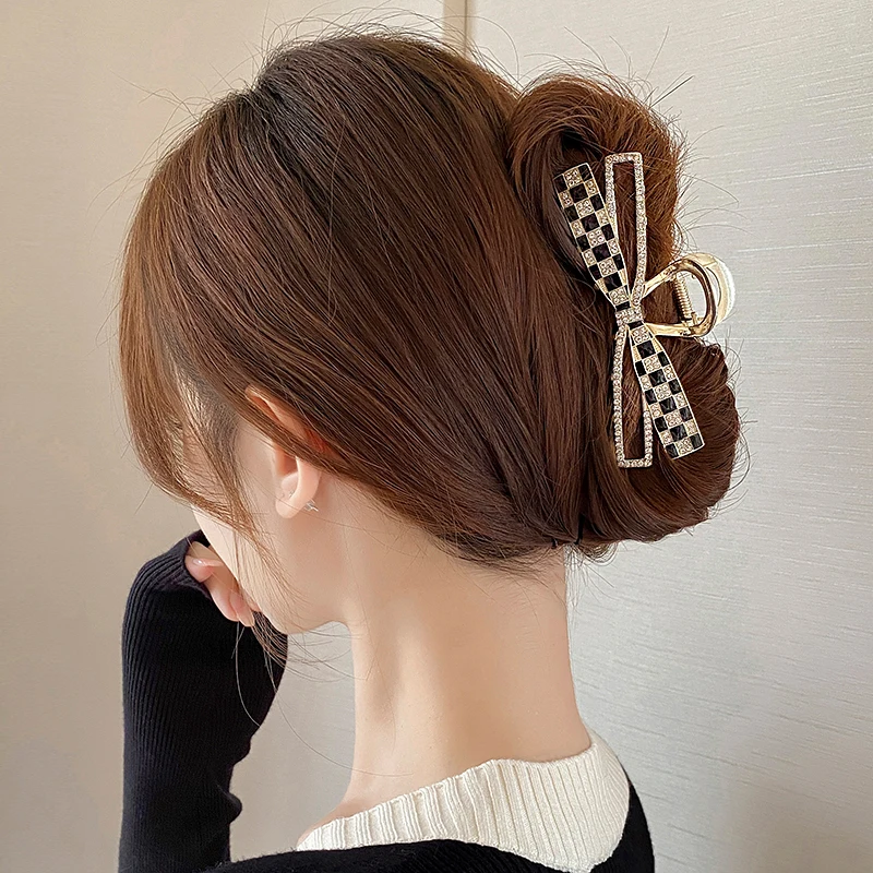 Korean Sweet Girl's Bow Chessboard Pattern Metal Hair Clip 2024 New Headwear For Women's Large Shark Clip Grab Clip Accessories