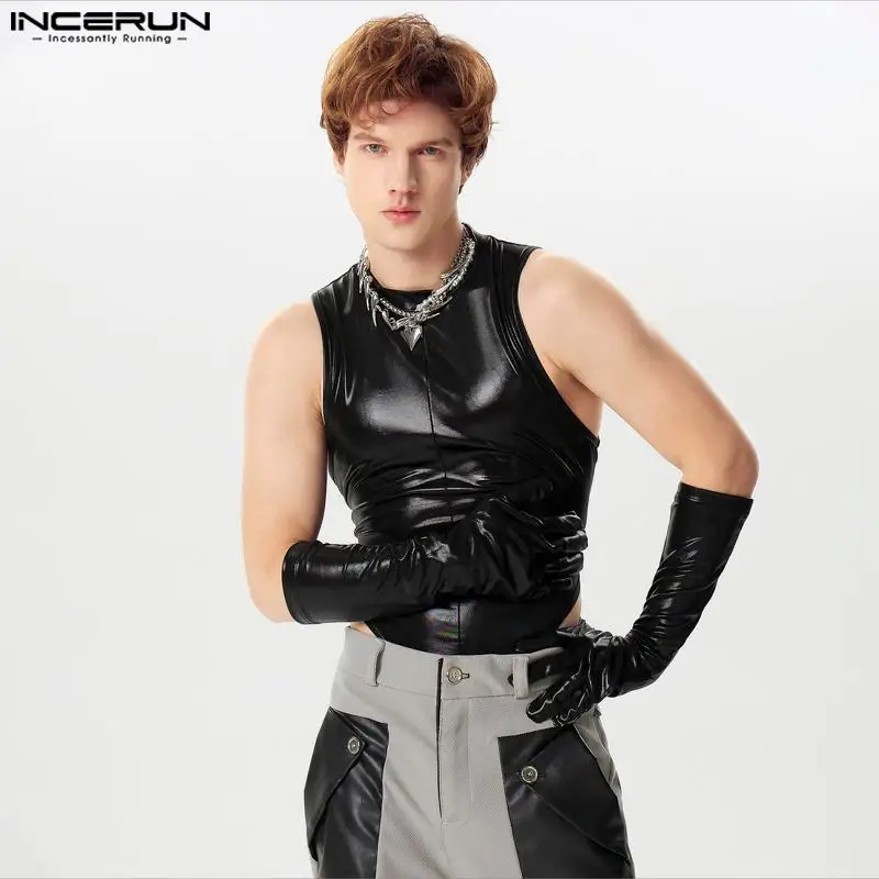 INCERUN 2024 Sexy Men\'s Homewear Jumpsuits Fashionable Flash Fabric Glove Design Rompers Casual Male Sleeveless Bodysuits S-5XL