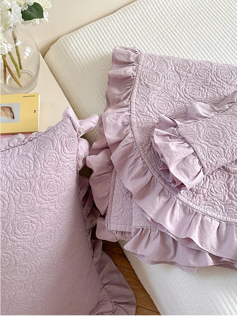 Luxury Cotton Quilt Bedspread, Rose Embroidered Solid Color with Lace Trim, Breathable Coverlet 3-Piece Set for Bed, Home Decor