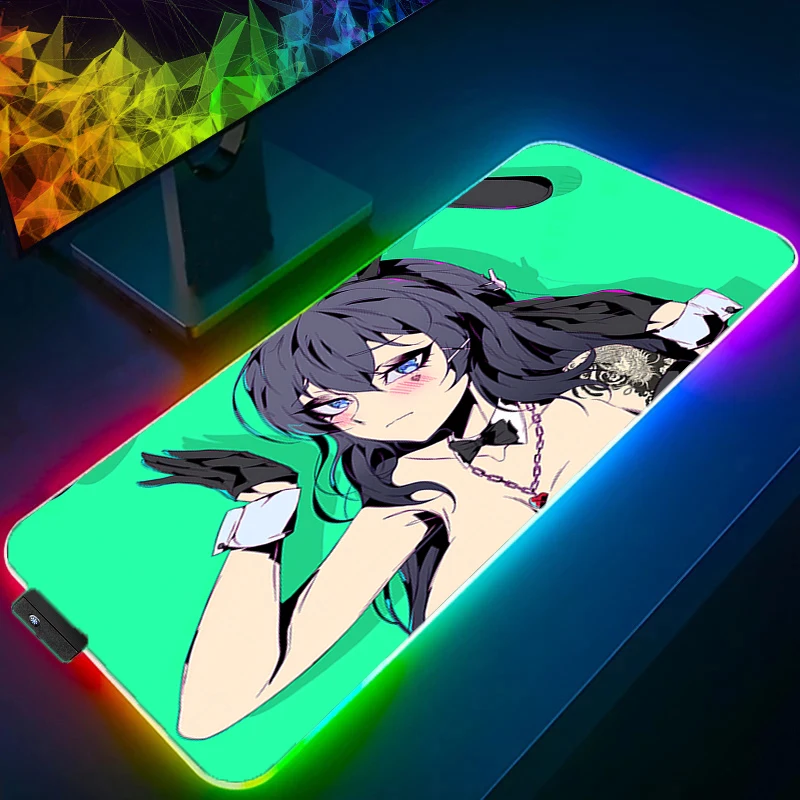 RGB Mouse Pad Anime Girl Devil Oni MaskBacklight Gaming Accessories Computer Speed Mini Pc Gamer Keyboard LED Desk Mat Mousepad