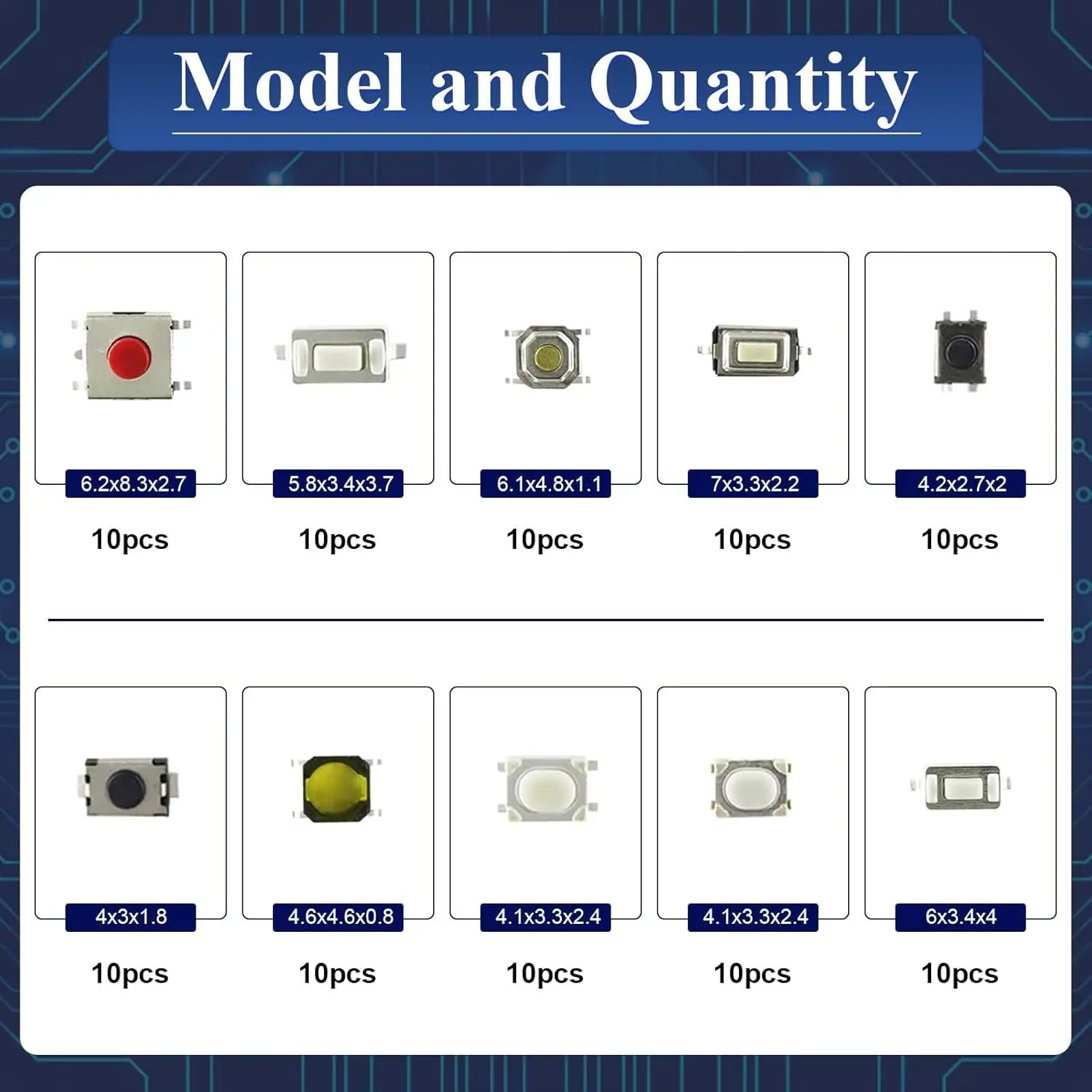 100pcs Tactile Push Button Switch Kits 10 Models Car Remote Control Tablet Micro Momentary Keys Button Touch Microswitch