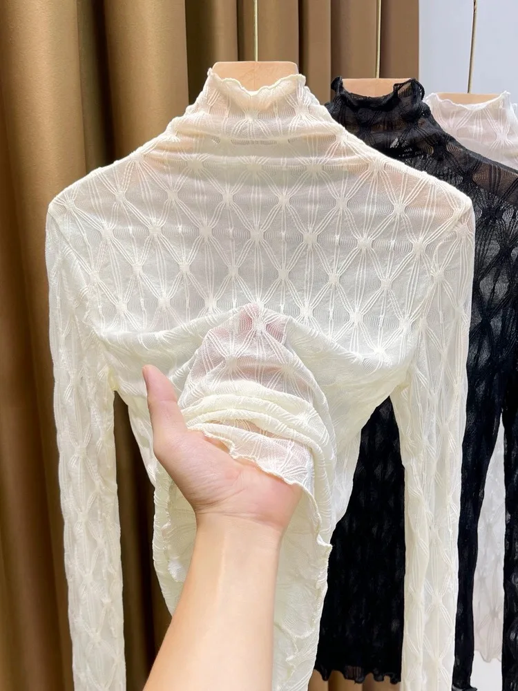 

Women's Long Sve High Collar Lace Base irt Faionable T-irt Wooden Ear Me Inner Wear Autumn Winter New Sle