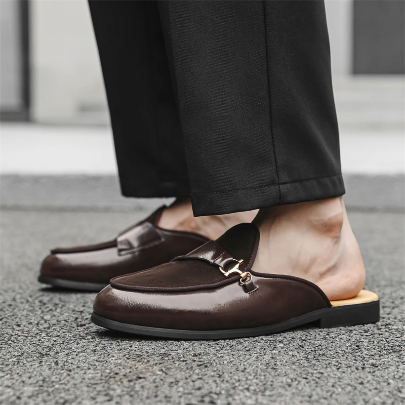 European and American Summer Lazy Half Slippers Horseneck Buckle Headless Heel Light Luxury Fashion One Step Trendy Dragging