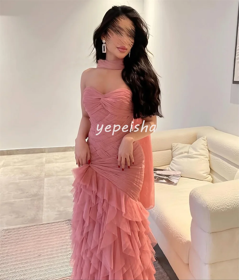 Vestidos largos clásicos personalizados de tul con gradas y pliegues cruzados, corte en A, vestidos para ocasiones a medida, moda de alta calidad