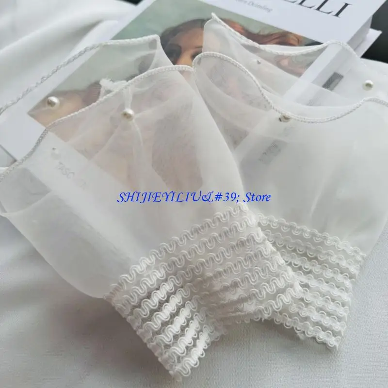 E21F Soft Layered Mesh Gloves With Lace Trim Pearls Beaded Wrist Cover Detachable Fake Sleeves Fashion Handwear for Women