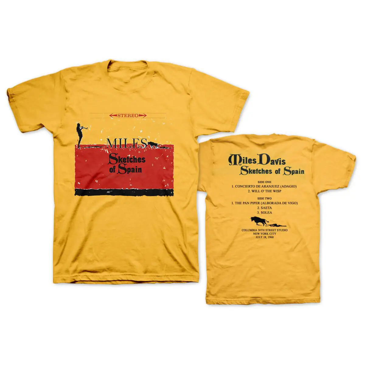 Camiseta clásica Unisex, camisa de 2 lados, Miles Davis, bocetos de España, amarilla, S-5XL, HB198
