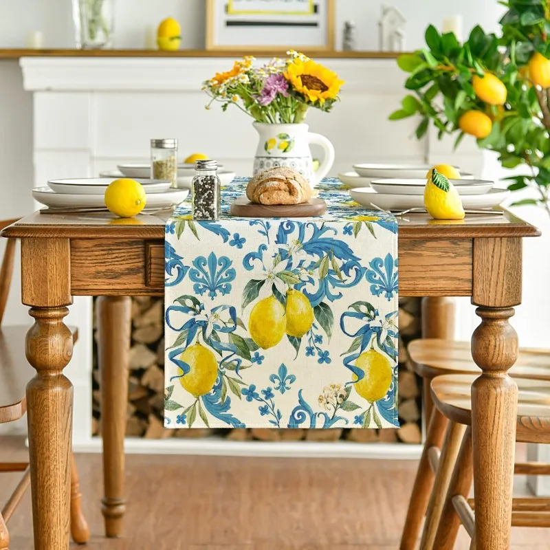 Blue Lemon Iris Floral Table Runner All Seasons Kitchen Table Mat Suitable for Home Holiday Party Scene Decoration Accessories