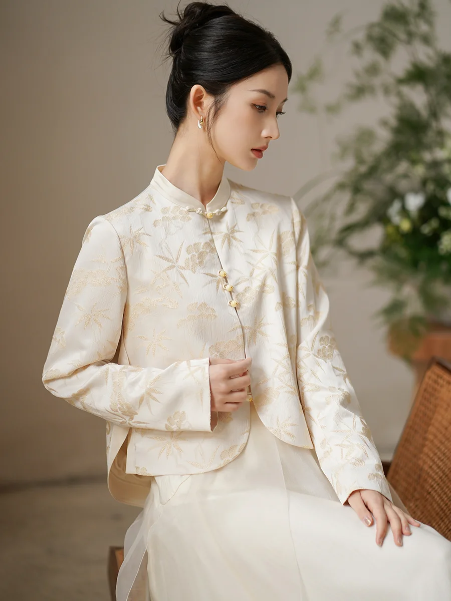 

Новая китайская женская верхняя одежда с воротником-стойкой, традиционный костюм Тан, осенне-зимняя одежда для чайной церемонии Дзен