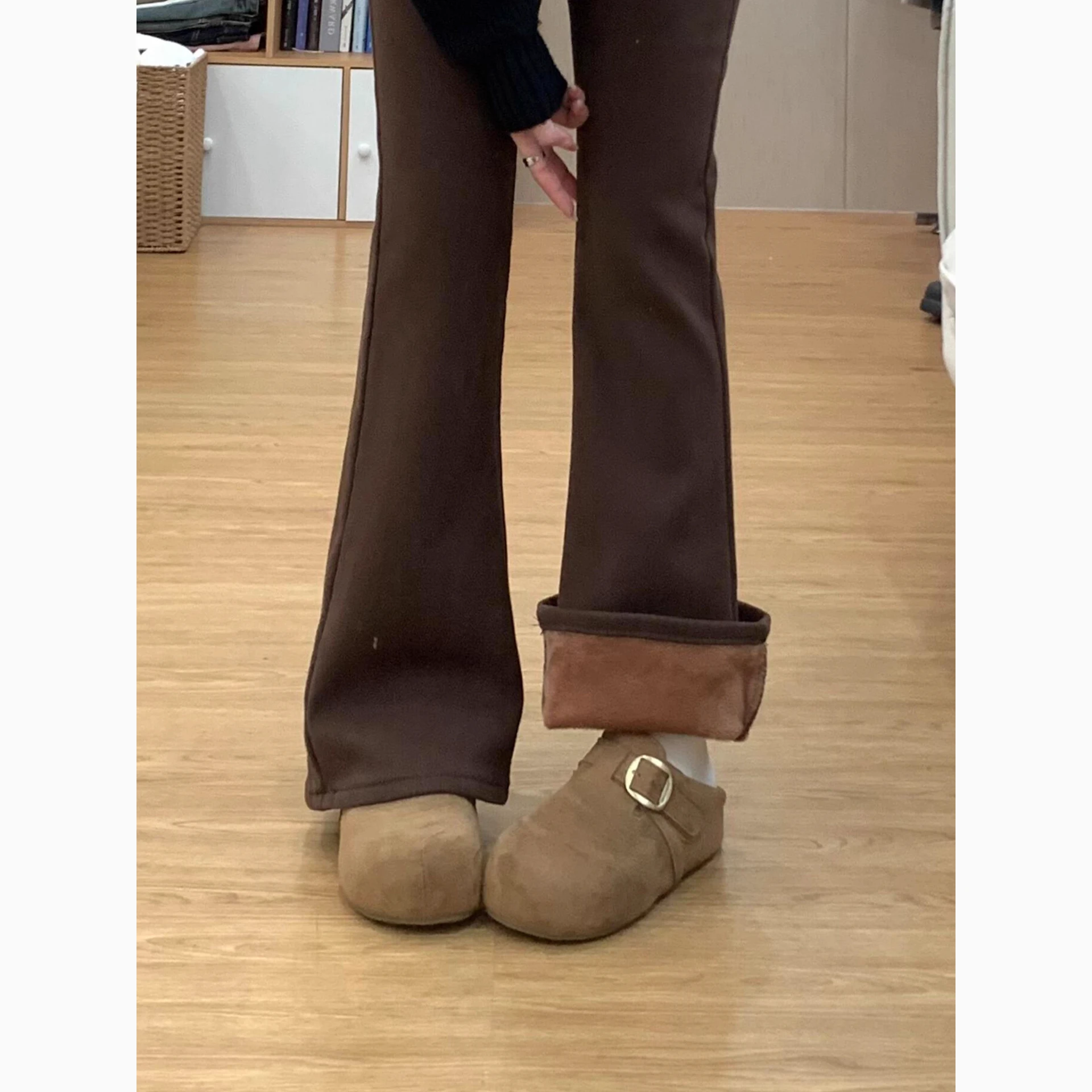 Thiened Fce doublé Vintage marron taille haute cloche Bot jean femmes coupe ajustée Dra longueur de plancher sabot jean hiver