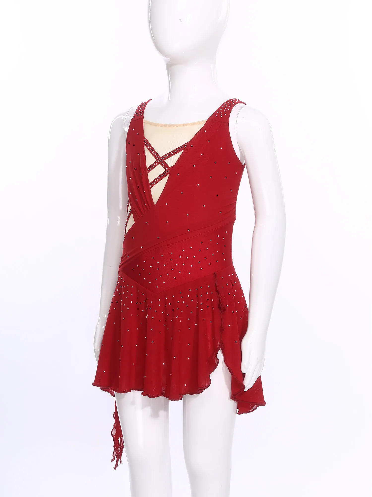 6-16Y الفتيات الشكل التزلج يوتار فستان لامعة الراين بقماش شفاف Dancewear للرقص الغنائي الباليه الجمباز البهلوانية