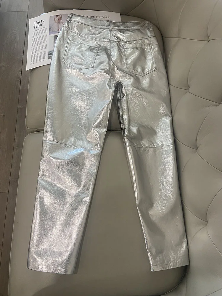 y2k Pants For Women Shiny Silver 2024 New Fashion Genuine Leather Cargo Pants Women High Quality Luxury Streetwear Trousers