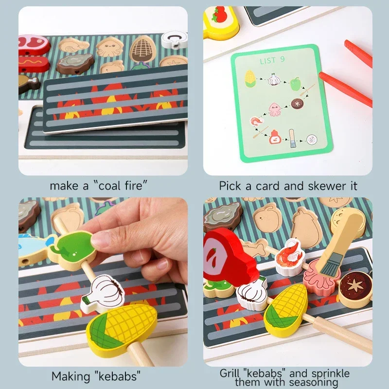 Zestaw drewnianych zabawek grillowych Montessori dla dzieci - interaktywna edukacyjna gra kuchenna z dopasowywaniem kształtów żywności dla rodziców i dzieci