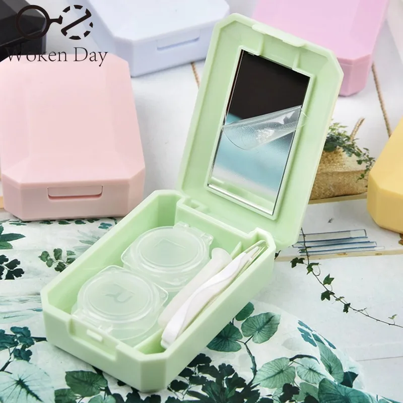 Candy Color Contact Lenses Box Solid Color Portable Contact Lens Case with Tweezer Suction Stick Set for Travel Kit Holder