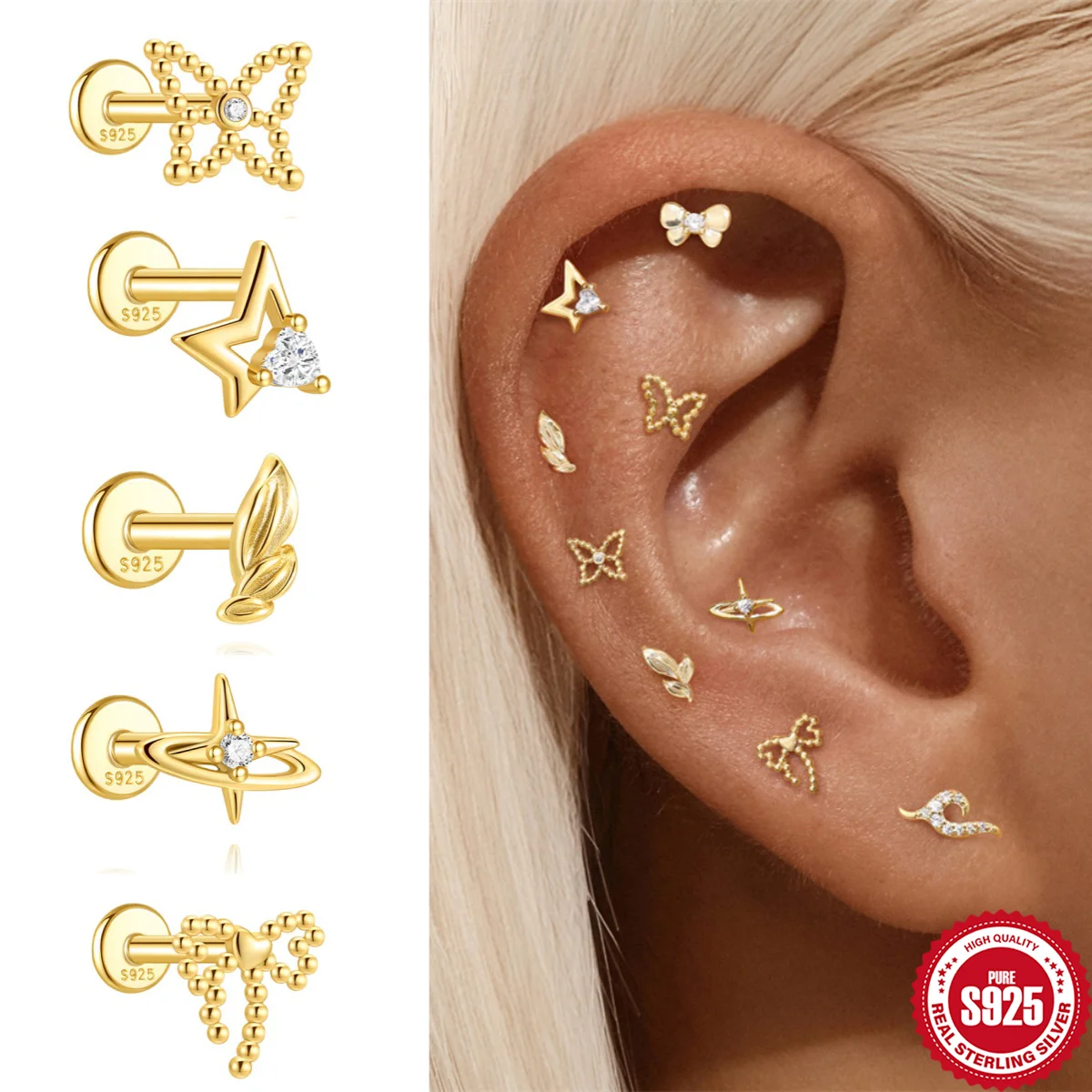 

BOAKO 925 Sterling Silver Round bead love bow for woman Anti-Allergy Helix Piercing Stud Earrings Minimalism Earring